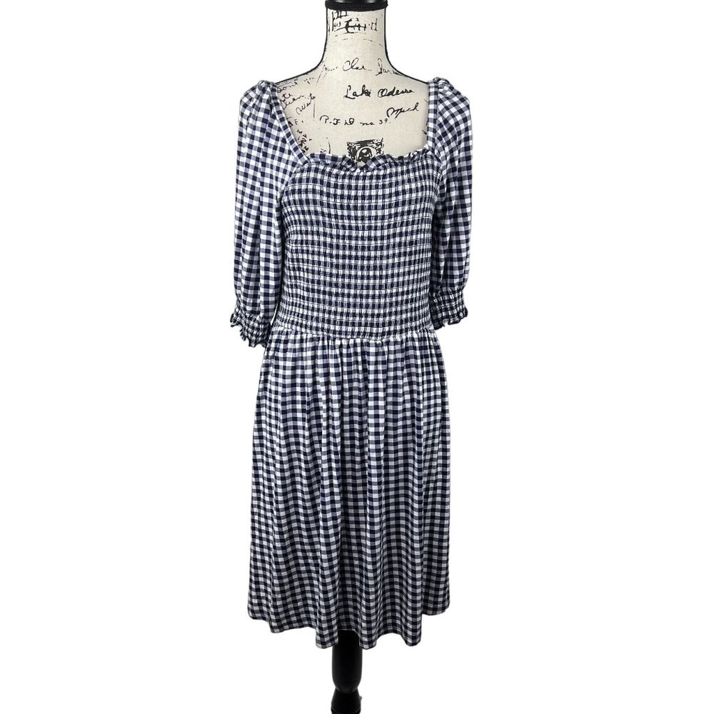 NWT Drapper James Jo Dee Dress in Gingham Smocked Sleeve Nassau Navy Midi Large